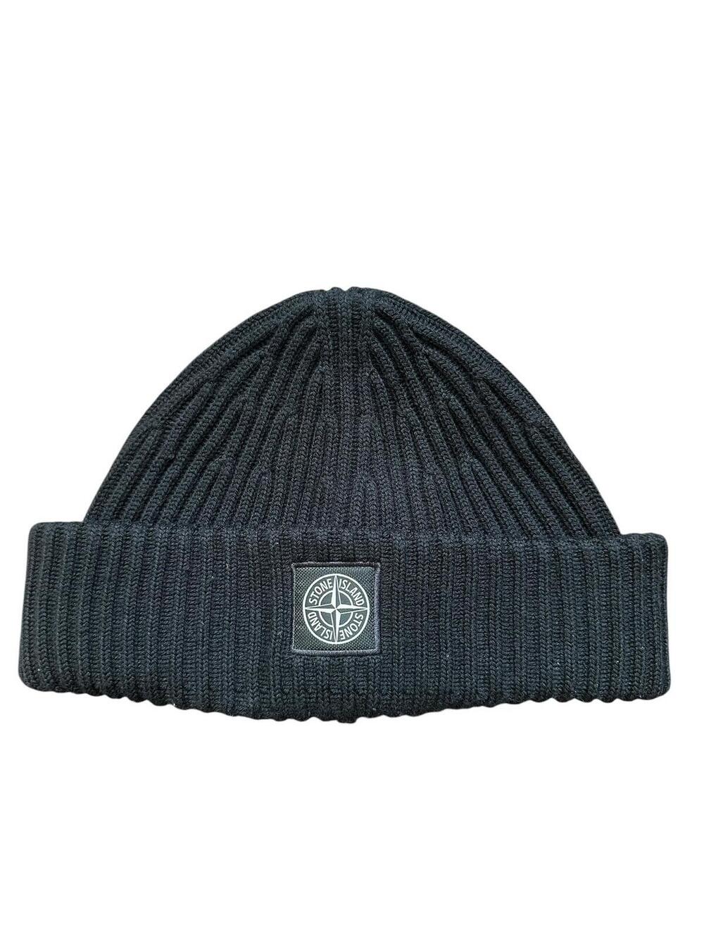 Stone Island Black Ribbed Knit Cuffed Beanie with Logo Patch